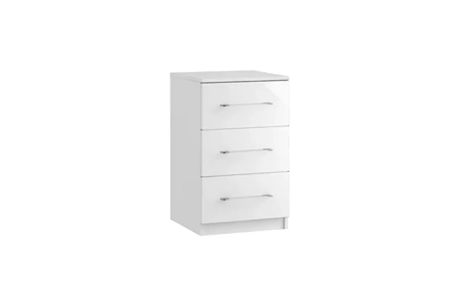Ravello White 3 Drawer Bedside - Curved Brushed Steel Handles